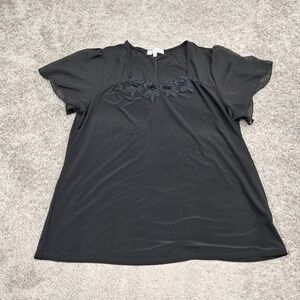 Emma & Olive Womens XL Black Floral Applique Sheer Flutter Sleeve Blouse 23731